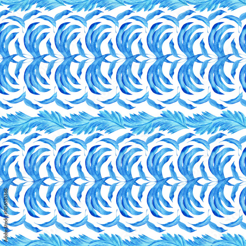 Watercolor seamless pattern with dark blue-blue stylized acanthus leaves and graphic elements