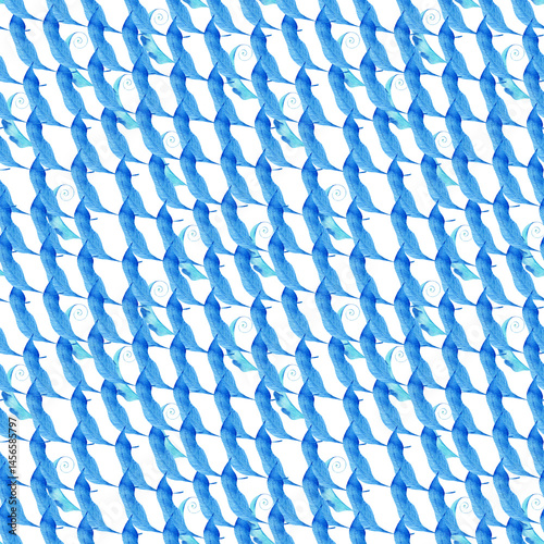 Watercolor seamless pattern with dark blue-blue stylized acanthus leaves and graphic elements