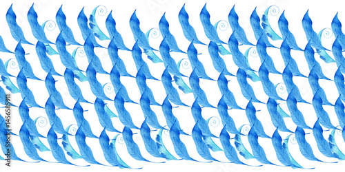 Watercolor seamless pattern with dark blue-blue stylized acanthus leaves and graphic elements