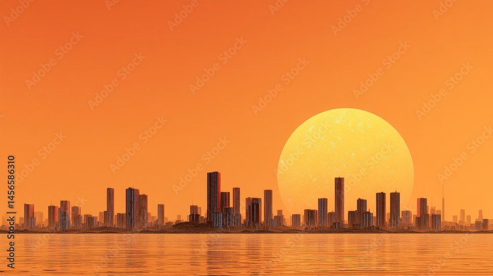 Obraz premium The cityscape is melting into a surreal scene with oversized sun and futuristic dreamlike qualities of fantasy urban surrealism in an illustration of melting buildings