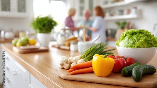 Fresh vegetables on a kitchen counter, with people socializing in the background in a bright, modern kitchen.