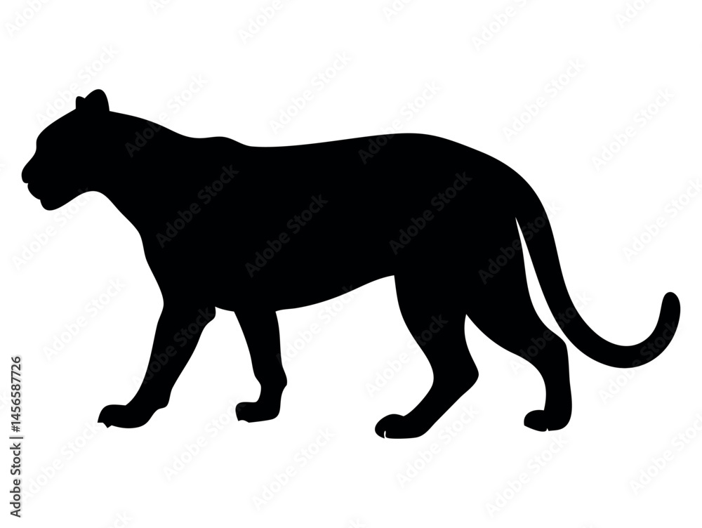 Obraz premium Striking Silhouette of a Panther in Profile, Walking Wildcat, Panther, Powerful Panther Silhouette, Perfect for Wildlife Design, panther, silhouette, wildlife, animal, cat, predator, jungle, savanna, 