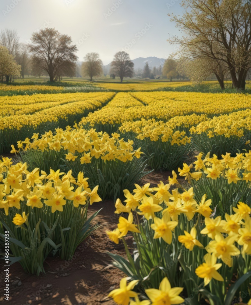 Obraz premium Expansive daffodil field, sunny day, cheerful yellow blossoms, landscape, bright, beautiful