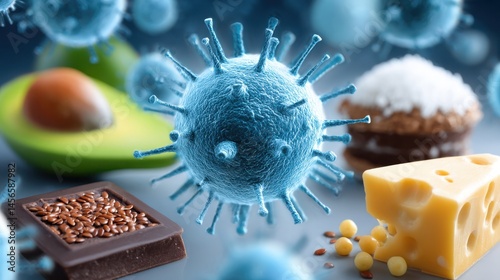 A close-up digital illustration of a virus surrounded by various foods, such as cheese, avocado, chocolate, and a pastry.