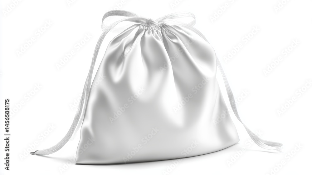 White Satin Drawstring Bag Close Up Studio Shot on White Background for Jewelry or Gift Packaging Mock Up White Satin Drawstring Bag Close Up Studio Shot on White Background for Jewelry or Gift Packaging Mock Up