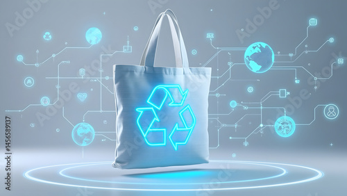 Futuristic reusable tote bag with glowing recycling symbol, representing eco friendly and sustainable environmental technology