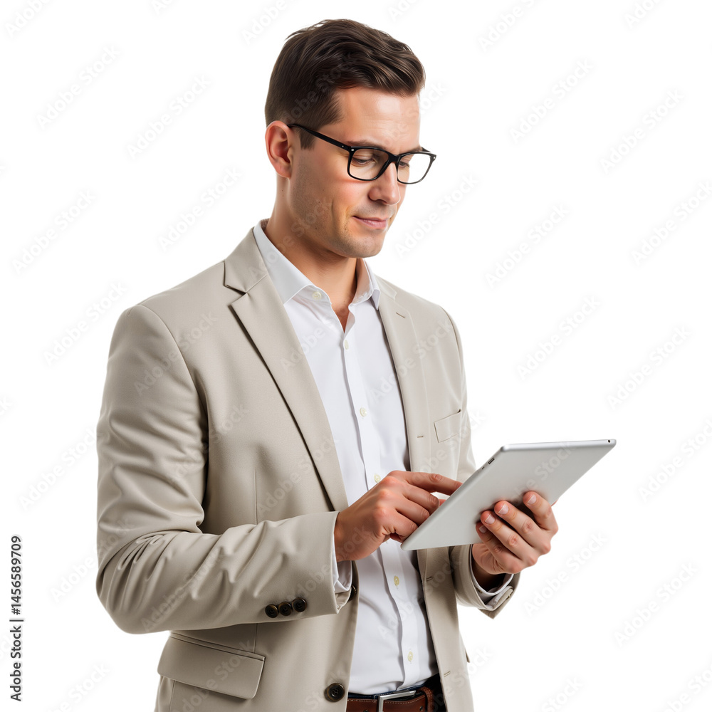 Handsome businessman using a tablet and working, isolated on transparent background Handsome businessman using a tablet and working, isolated on transparent background