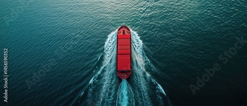 Fototapeta Naklejka Na Ścianę i Meble -  Aerial View of Red Cargo Ship Sailing on Deep Blue Sea Water Surface Transportation and Global Trade Logistics