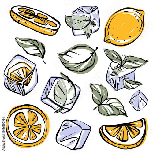 Refreshing summer vector clipart set with mint leaves, citrus slices, and ice cubes. Hand drawn juicy elements in green and yellow. Perfect for drinks, postcards, and cool food designs.