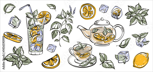 A collection of hand-drawn tea-related graphics, featuring teacups, mugs, teapots, citrus, and herbal drinks. Includes elements for menus, labels, and restaurant designs. Perfect for beverage themes.