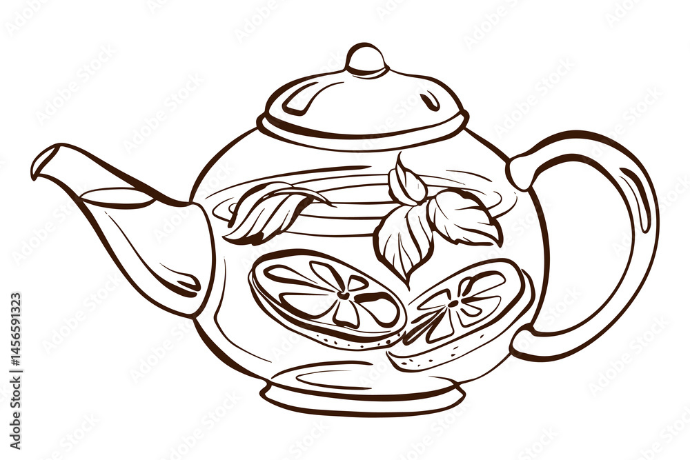 Obraz premium Linear sketch of a single teapot. Transparent contour drawing in doodle style. Suitable for tea labels, cafe menu design, and herbal drink themes. Elements of traditional and organic tea culture.