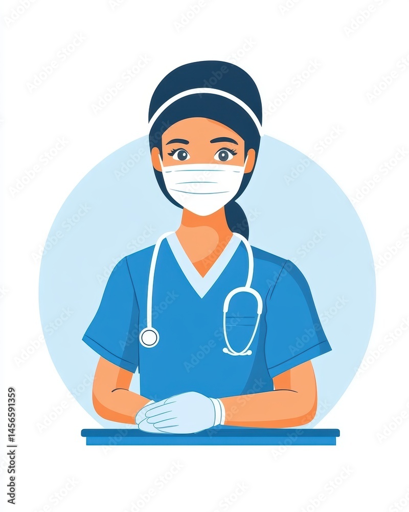 Fototapeta premium Professional healthcare worker in blue uniform wearing a mask and stethoscope illustration