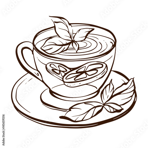 Line art sketch of a tea cup with lemon and herbal elements. Isolated contour drawing on transparent background. Suitable for menu, label, icon, or design element.
