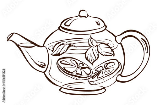 Linear sketch of a single teapot. Transparent contour drawing in doodle style. Suitable for tea labels, cafe menu design, and herbal drink themes. Elements of traditional and organic tea culture.