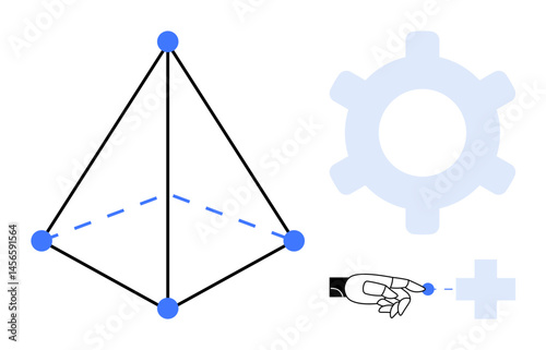 3D pyramid structure with blue nodes, robotic hand adding an element, gear silhouette representing process. Ideal for innovation, AI, technology, engineering, automation, data analysis