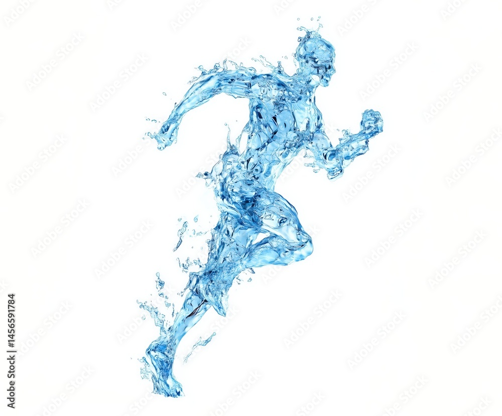 hyper-realistic 3D rendered figure of a human made entirely of splashing water, captured in mid-motion as if running or leaping through the air. The translucent water body showcases. Generative by Ai