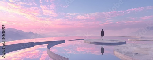 In this surreal landscape, a round podium in the water evokes an imaginative setting that merges fantasy with reality