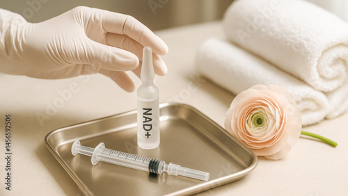 NAD+ Ampoule And Syringe On Metal Tray In Spa Setting With Towels And Flower For Anti-Aging And Wellness Visuals. Concept Of Intravenous Therapy, Cellular Health, Beauty Clinics, And Regenerative Medi