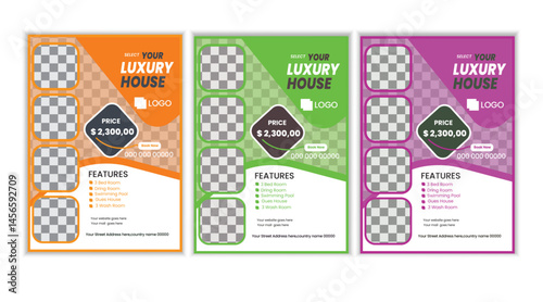 a bundle of 3 templates house sale flyer design, in blue color, and modern design,marketing,medical proposal, promotion, advertise, publication and editable vector template design.