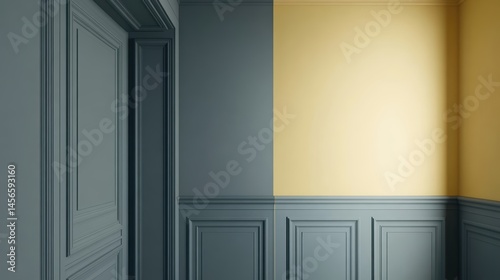 Interior design showcasing two-tone wall paint with blue wainscoting and yellow upper wall in a modern style