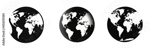 Three monochrome world globes displaying continents in a row format