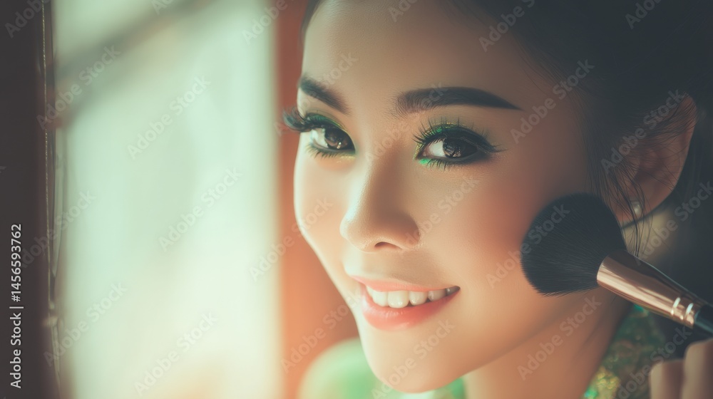 An expressive and modern atmosphere is created as an Asian woman applies makeup in her living room, underscoring the value of self-care and the daily beauty routine An expressive and modern atmosphere is created as an Asian woman applies makeup in her living room, underscoring the value of self-care and the daily beauty routine