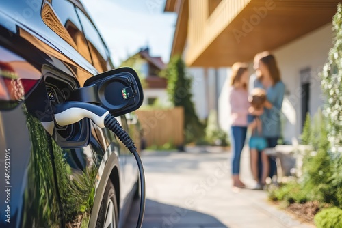Electric car charging at home with family nearby