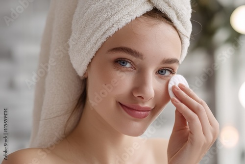 A young lady with a cheerful disposition is photographed, removing her eye makeup using a cotton pad and micellar water, as she smiles and covers one eye in a playful gesture