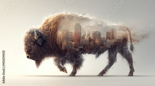 Bison in urban landscape cityscape art full body modern environment