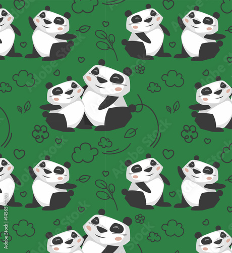 Vector seamless pattern of cute happy pandas. Simple bright green animal background. Funny bear family hugs. Big mom, little baby. Cartoon childish print. Image for kids room wallpaper, cloth design