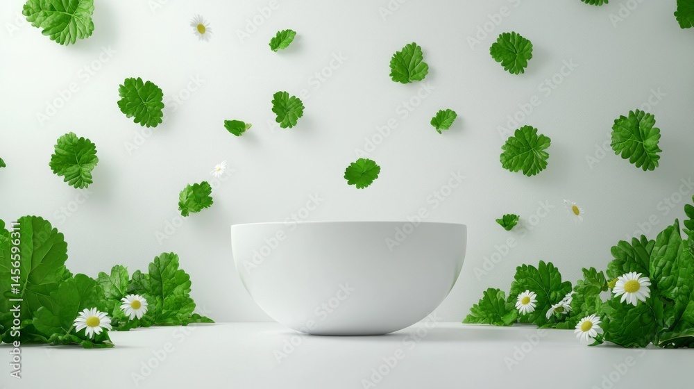 Fototapeta premium Podium chamomile skincare. Minimalist white bowl surrounded by green leaves and small white flowers on a light background.