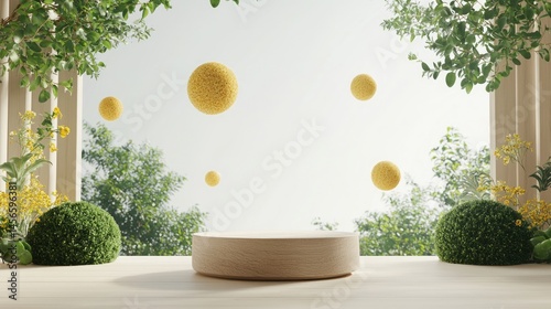 Podium chamomile skincare. Minimalist wooden podium surrounded by greenery, with floating yellow spheres in a bright, natural setting.