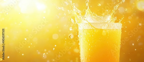 Refreshing orange juice splash in glass macro shot against bright sunny yellow background promoting healthy lifestyle and summer vibes