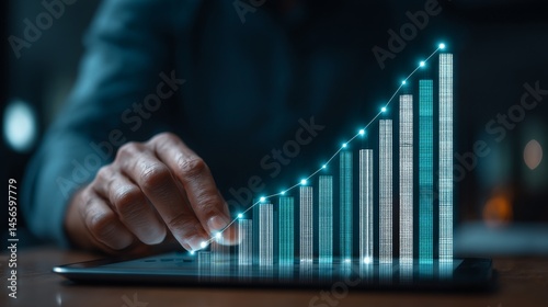 Big data screen for business analysis and economic growth, featuring a financial graph, and incorporating the concept of a virtual dashboard for digital marketing and global economy network
