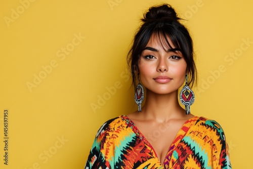 Wallpaper Mural authentic portrait of metis brunette woman 30 years old with accessories and bright dress on yellow background, copy space Torontodigital.ca