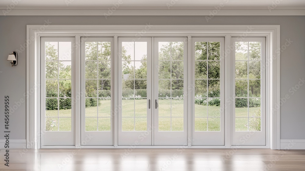 Fototapeta premium Modern French Doors with Panoramic Garden View in Bright Room