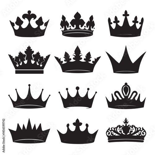 Vector silhouette set of crown on white background