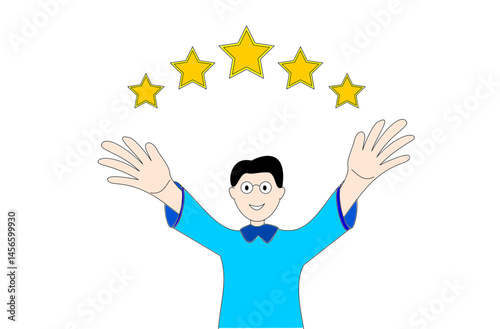 A joyful person with outstretched arms, surrounded by five stars