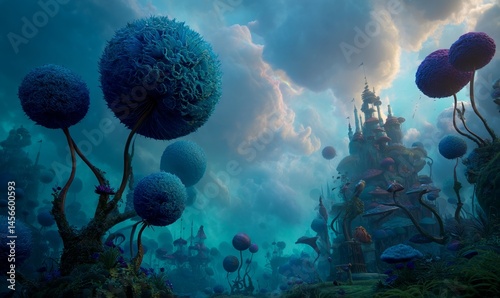 Digital illustration brings to life a surreal fantasy dreamland garden filled with lush vegetation
