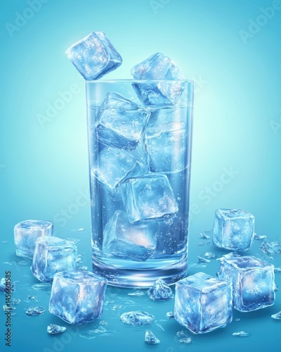 Refreshing glass of water with ice cubes falling in studio shot on blue background for summer drink concept