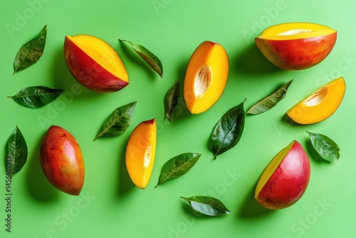 Wallpaper Mural Mango Slices and Leaves Flat Lay on Green Background Bright Tropical Fruit Still Life Food Photography Torontodigital.ca