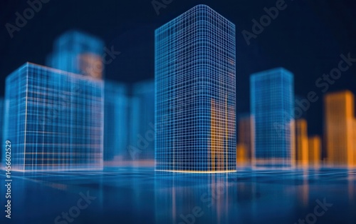 Futuristic Cityscape with 3D Wireframe Buildings and Lights