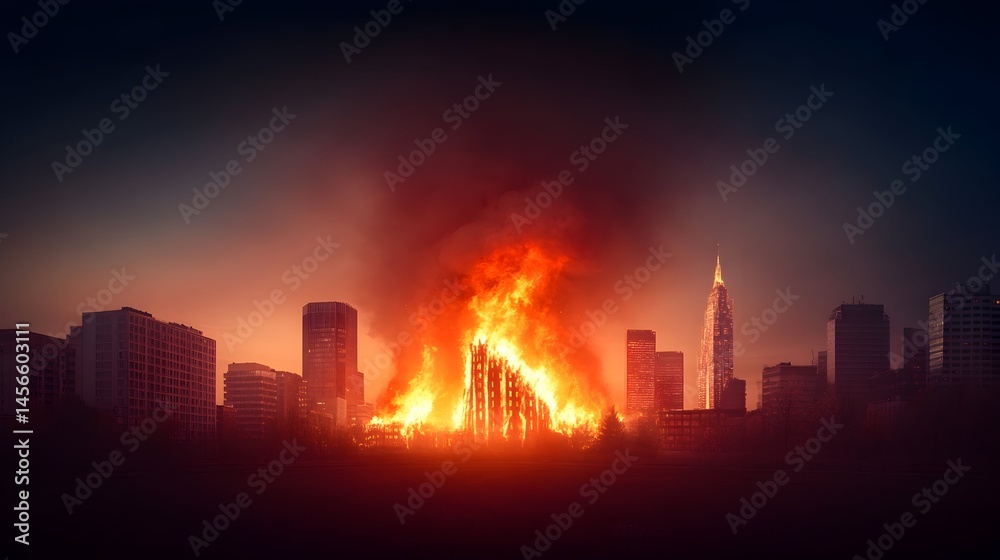 Naklejka premium Fiery inferno engulfs a city building at night, casting an ominous glow against the skyline. Smoke billows, painting the dark sky in shades of orange and red