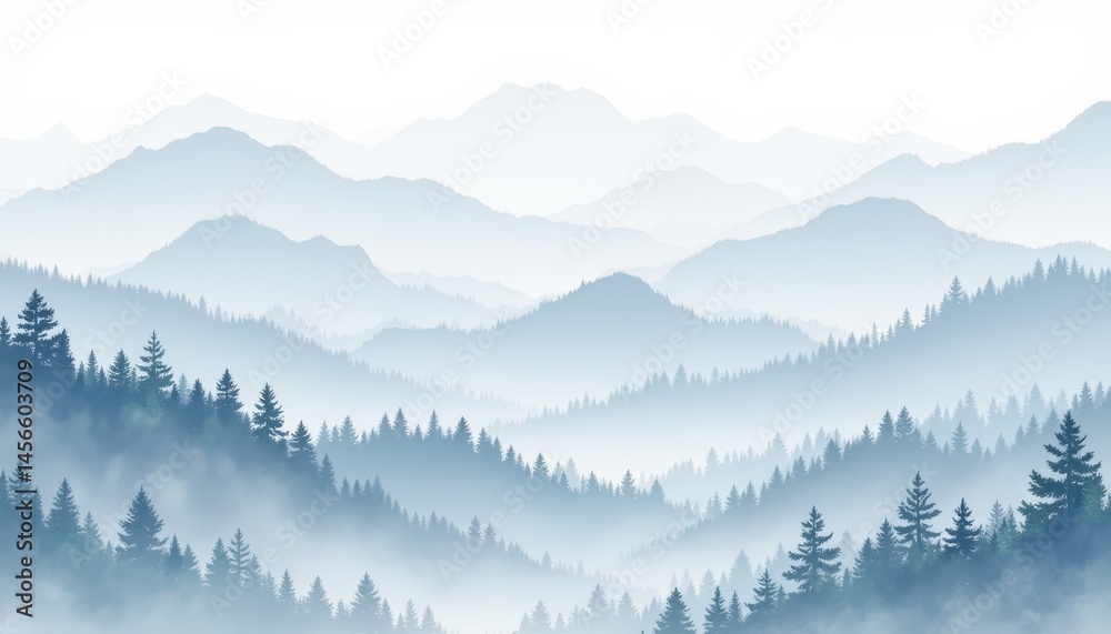 Obraz premium mountain landscape watercolor seamless pattern with layered peaks and trees, soft gradient layers in cool blue and gray.