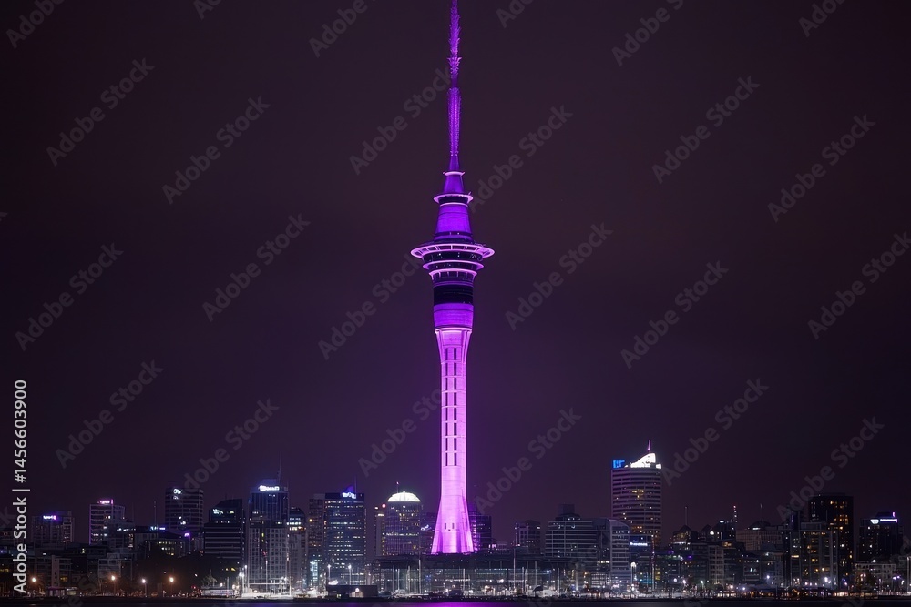 Obraz premium Iconic Sky Tower Illuminated in Vibrant Purple Against Night Sky