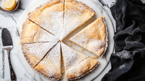 Top down Greece bougatsa custard pie dusted powdered sugar sliced and arranged on white marble slab with black cloth accent photo
