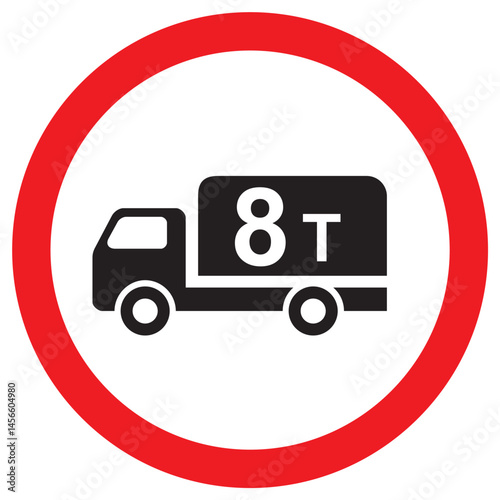 road sign indicating weight limit of 8 tons for vehicles, red circular sign with black truck icon and text