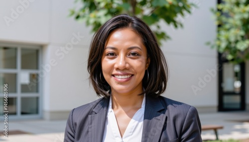 Confident woman smiling outdoors in professional attire.