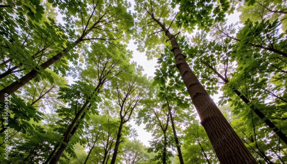 Fototapeta premium Tall trees viewed from below in a lush green forest.