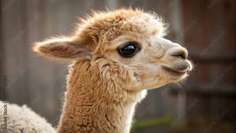 Obraz premium Alpaca Portrait Close-up Profile, Soft Fur, Gentle Expression, Animal Photography, Alpaca, Camelid, Fluffy